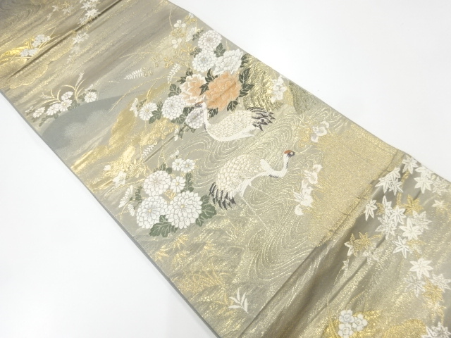 JAPANESE KIMONO / VINTAGE FUKURO OBI / GOLD FOIL / WOVEN CRANE & FLORAL PLANTS